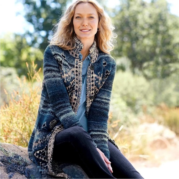 J. Jill Wool Blend Cardigan Duster Sweater SZ LP Chunky Fair Isle Jacquard Blue - Picture 13 of 13